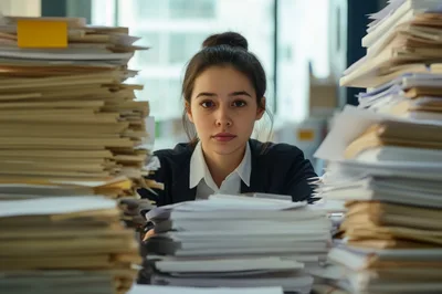 Stressed Businesswoman Surrounded By Massive Stacks Of Paperwork