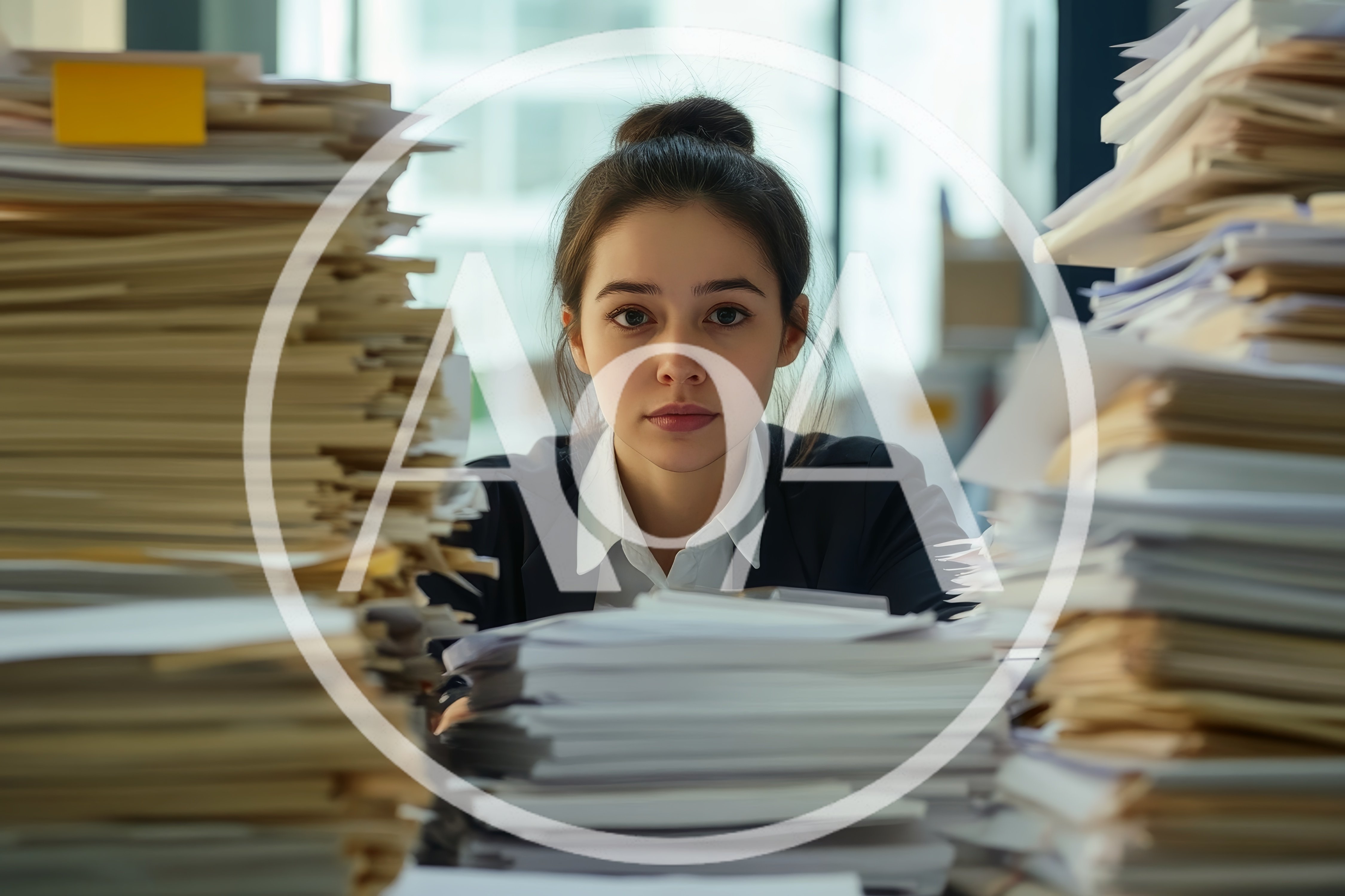Stressed Businesswoman Surrounded By Massive Stacks Of Paperwork