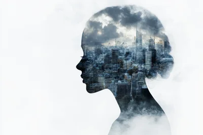 Double Exposure Silhouette Of A Woman And Cityscape