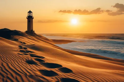 Lighthouse Standing On A Sandy Coastal Dune At Sunset