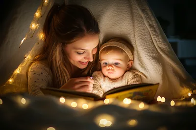 Mother Reading Bedtime Story To Baby In Blanket Fort