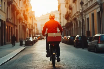 Delivery Cyclist Riding Through A European City Street