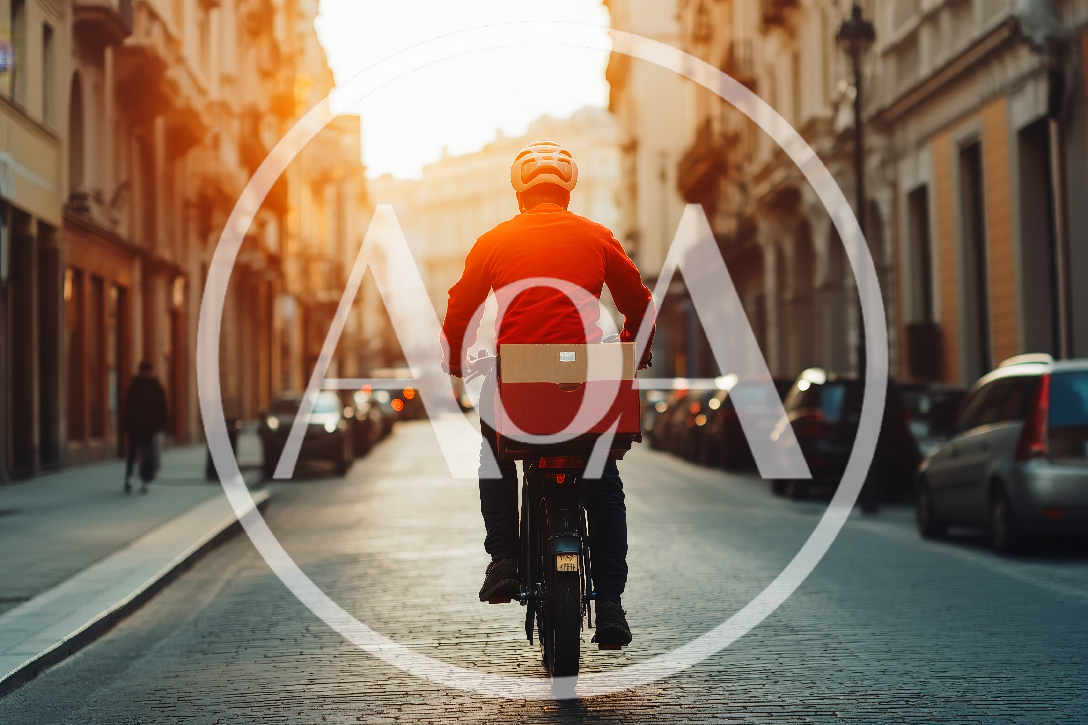 Delivery Cyclist Riding Through A European City Street