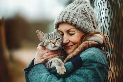 Senior Woman Embracing Her Tabby Cat Outdoors