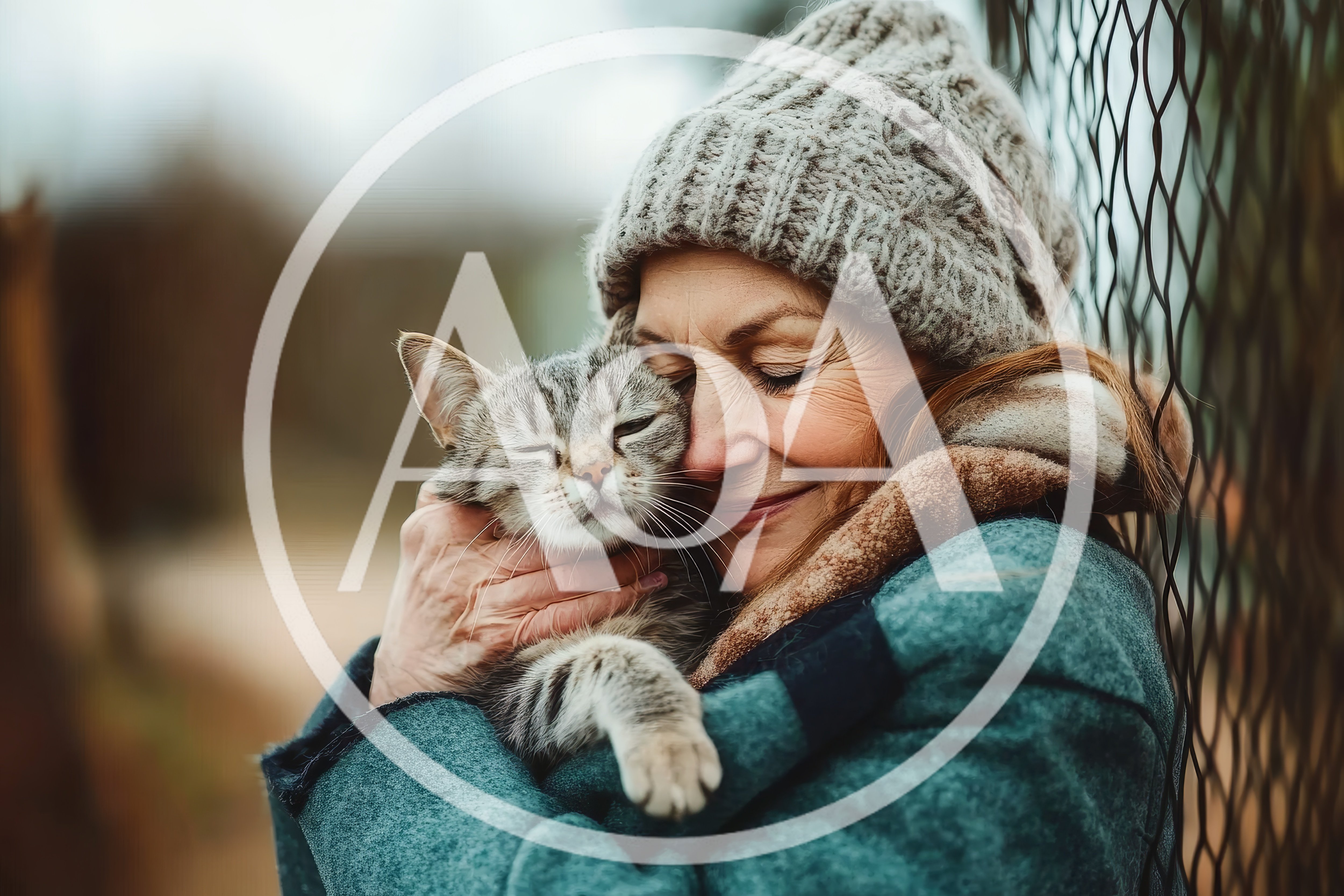 Senior Woman Embracing Her Tabby Cat Outdoors
