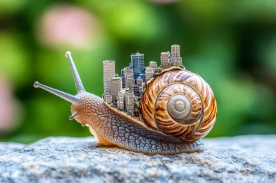 Surreal Snail Carrying A Miniature City Skyline