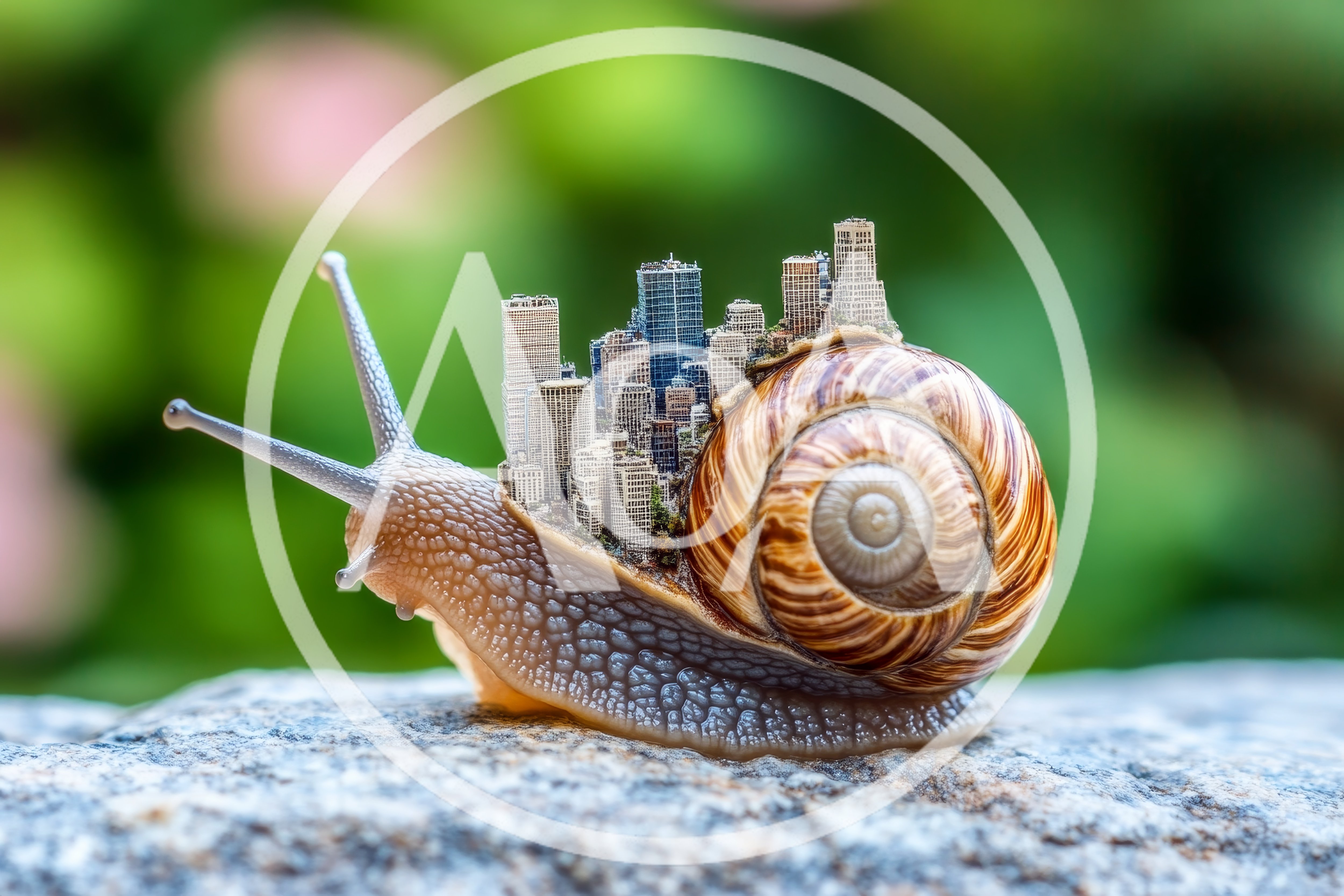 Surreal Snail Carrying A Miniature City Skyline