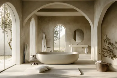 Modern Minimalist Bathroom With Freestanding Bathtub And Arched Windows