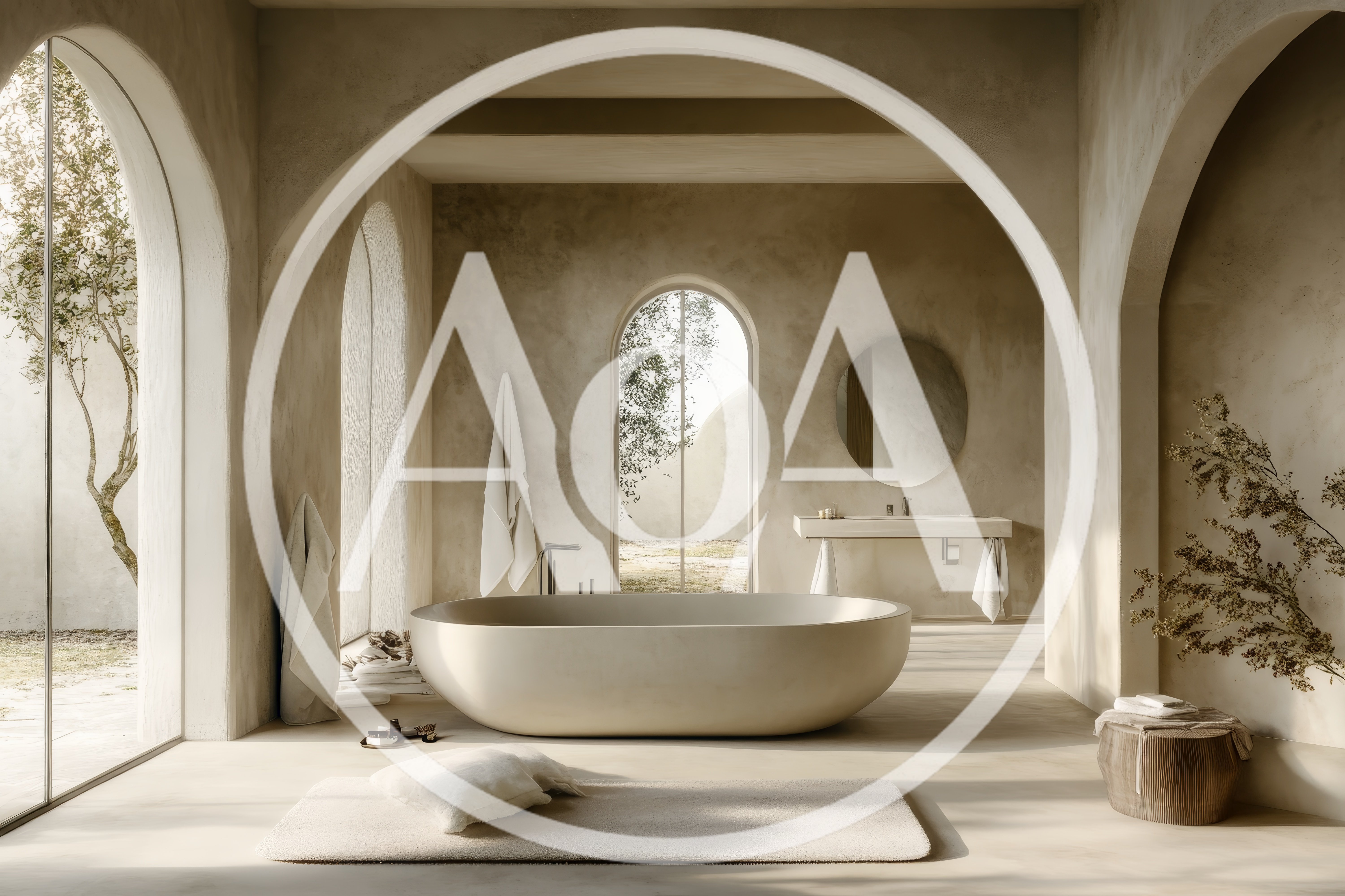 Modern Minimalist Bathroom With Freestanding Bathtub And Arched Windows