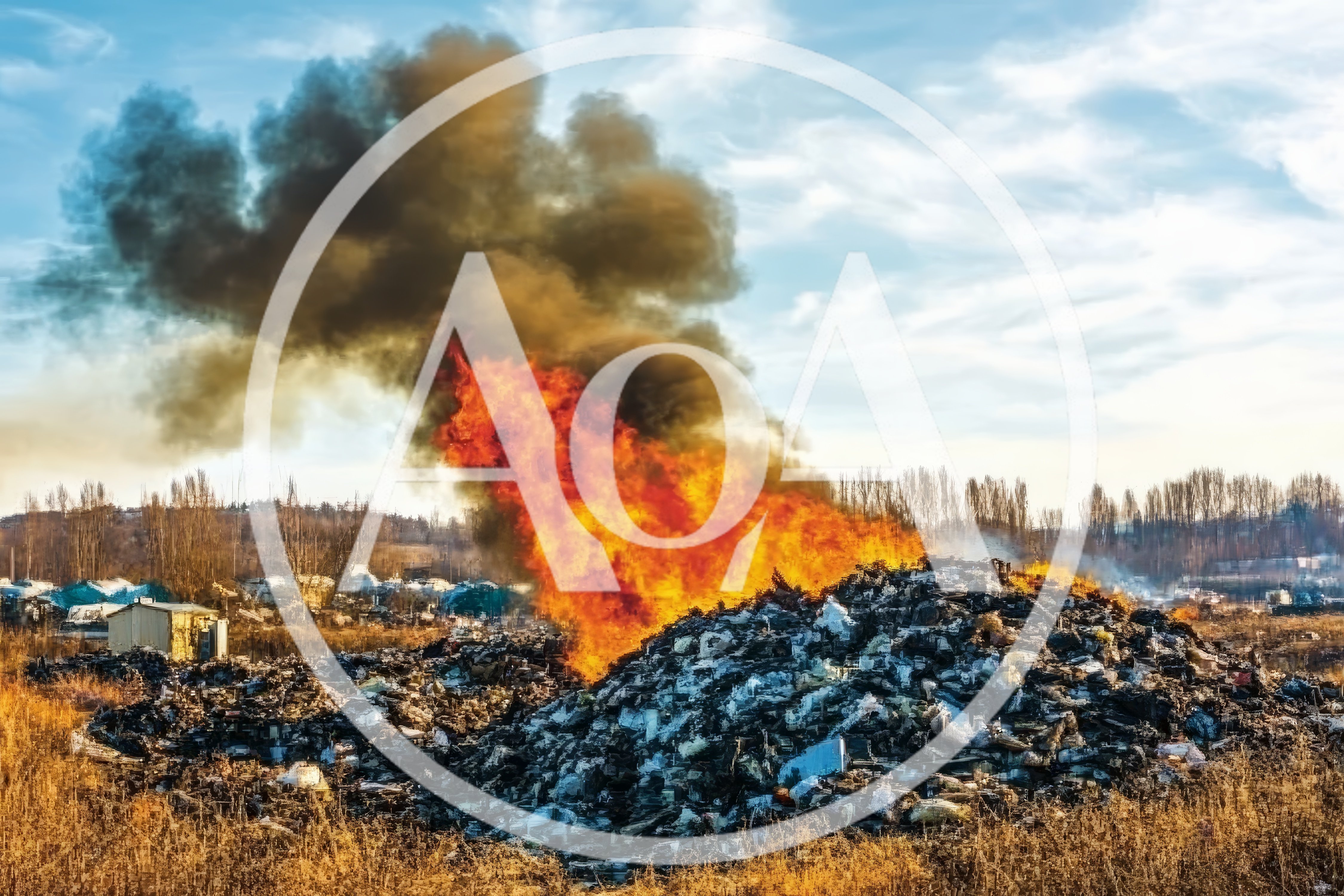 Large Garbage Dump Fire Burning With Thick Black Smoke