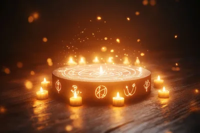 Glowing Ritual Stone With Magical Runes And Candles