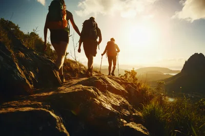Three Hikers Trekking Along A Mountain Ridge At Sunset