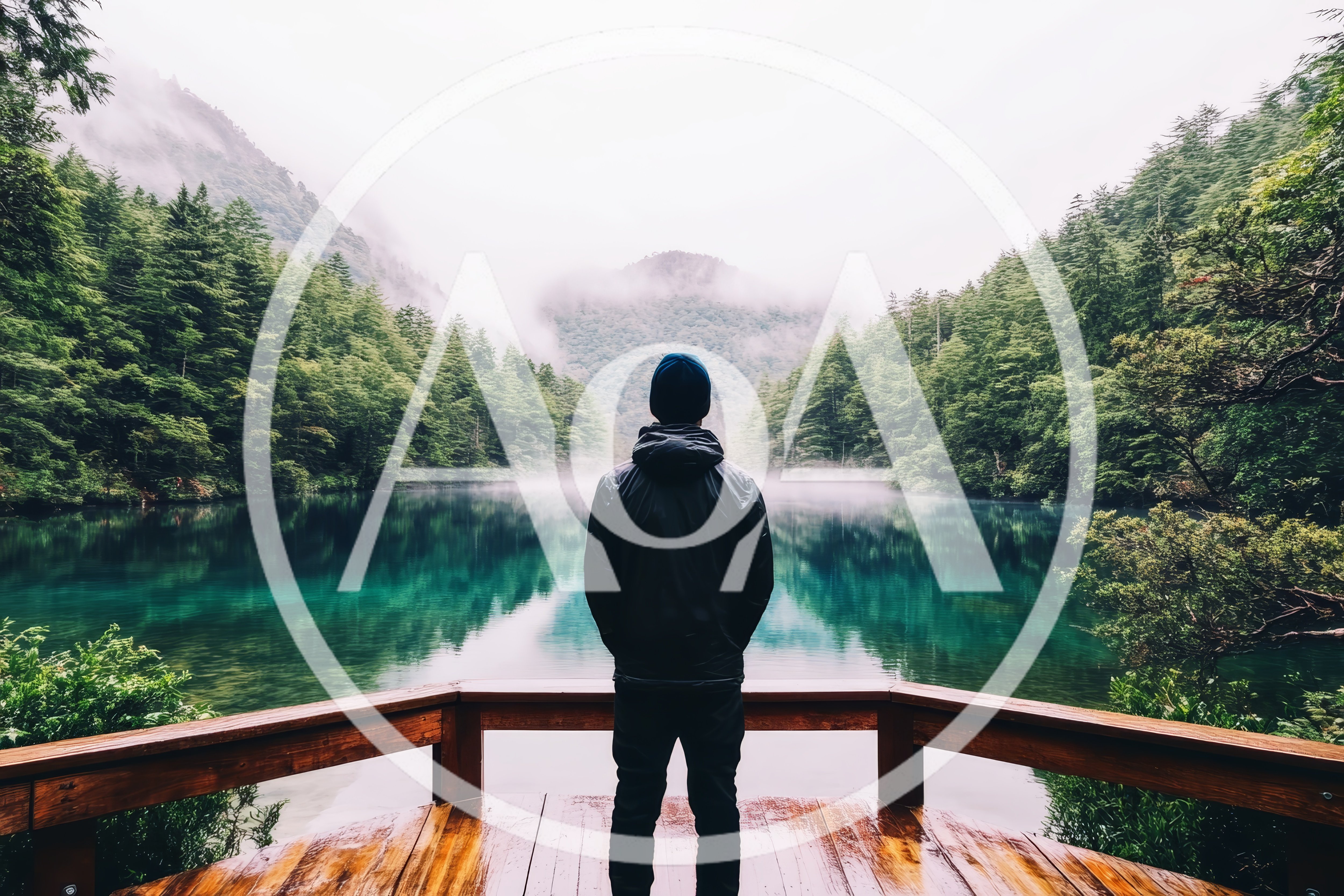 Man Standing On Wooden Deck Overlooking Misty Mountain Lake