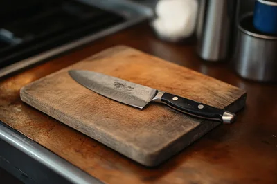 Chef Knife Resting On A Wooden Cutting Board
