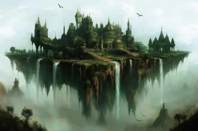 Fantasy Floating Island City With Cascading Waterfalls
