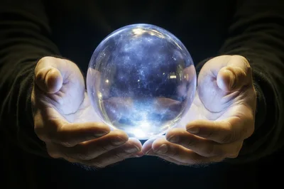 Person Holding A Glowing Crystal Ball With Galaxy Imagery