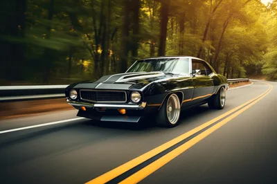 Classic Black Muscle Car Driving On Forest Road