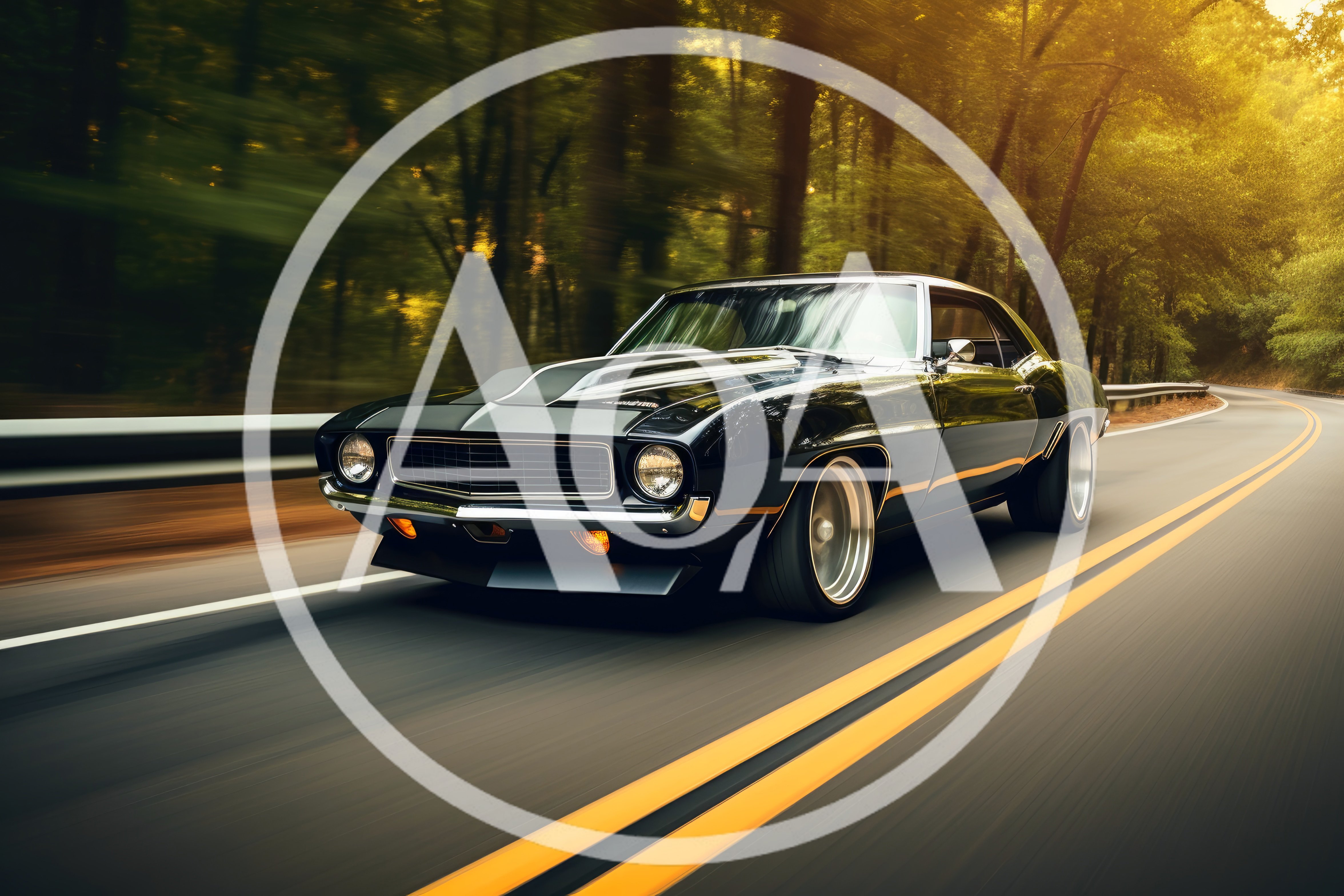 Classic Black Muscle Car Driving On Forest Road