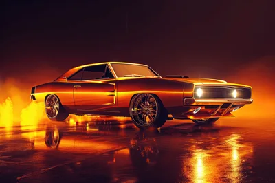Custom Orange Muscle Car In Fiery Smoke