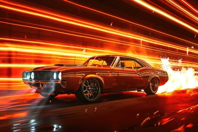 Classic Muscle Car Speeding Through Fiery Light Trails
