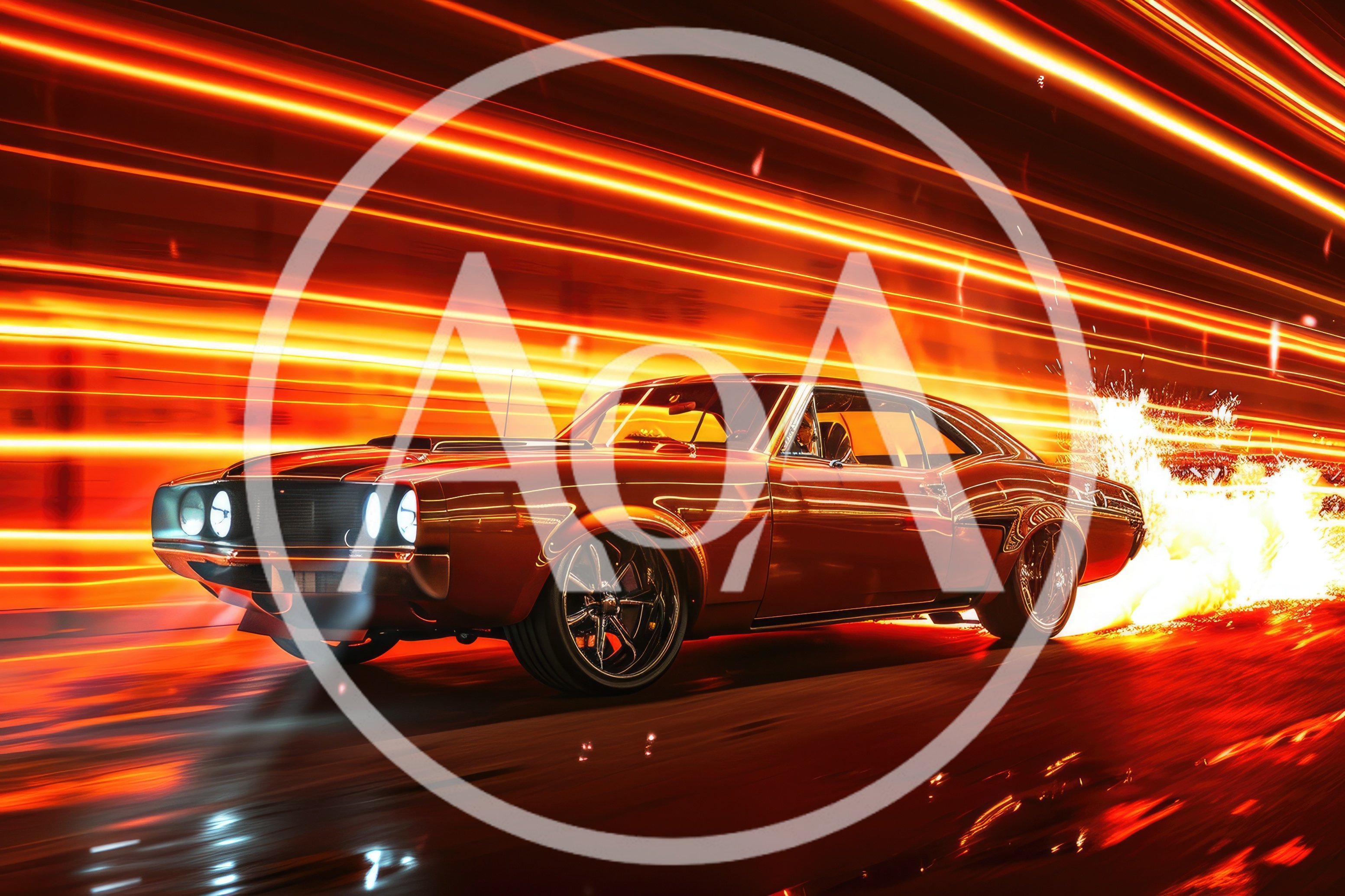 Classic Muscle Car Speeding Through Fiery Light Trails