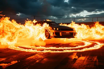 Sports Car Drifting Through A Ring Of Fire