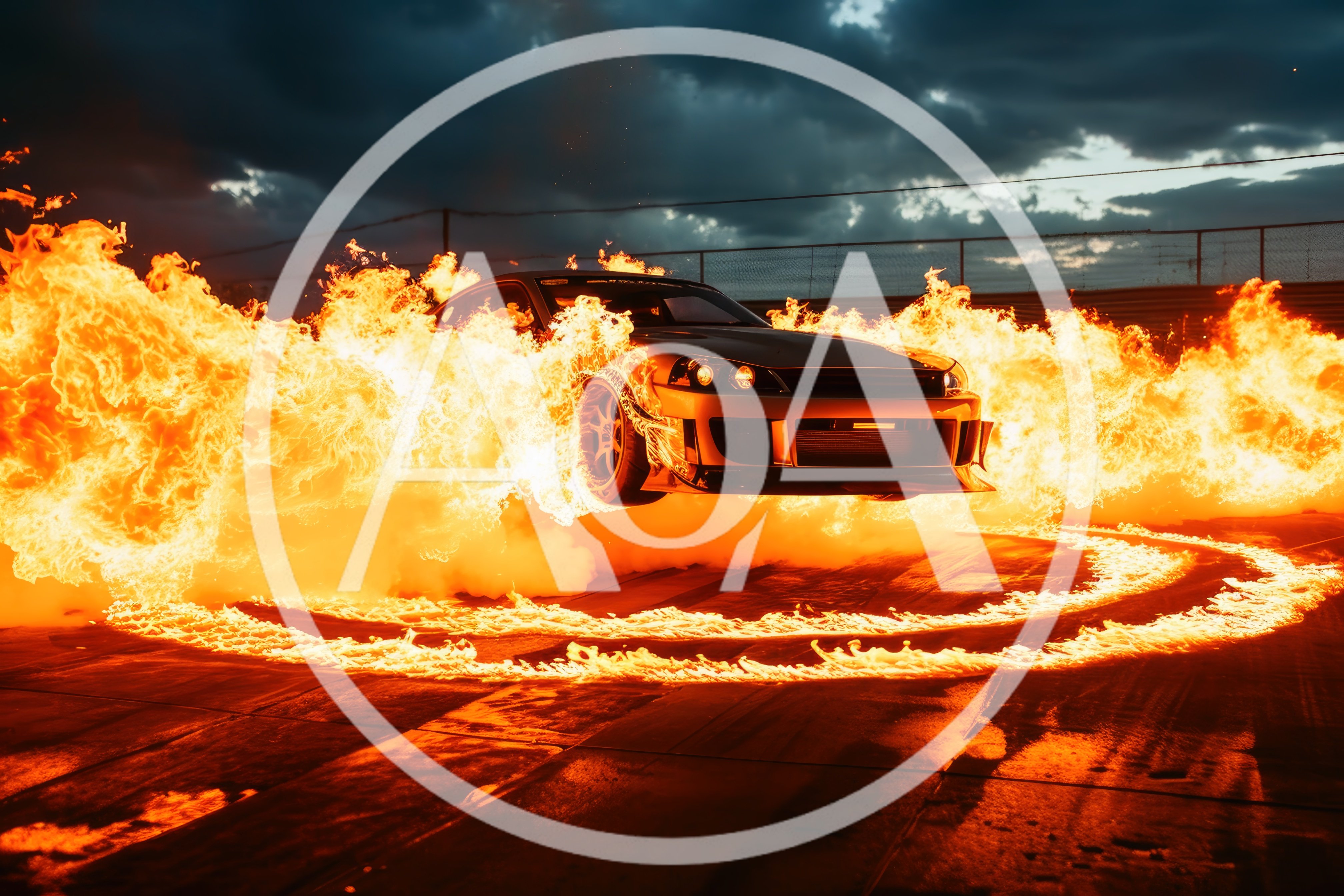 Sports Car Drifting Through A Ring Of Fire