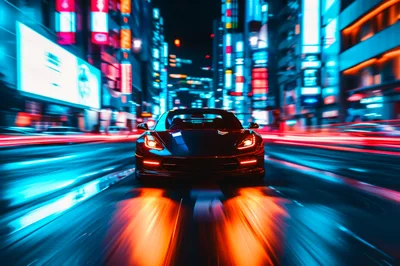 Sports Car Driving Through Neon Lit City Streets