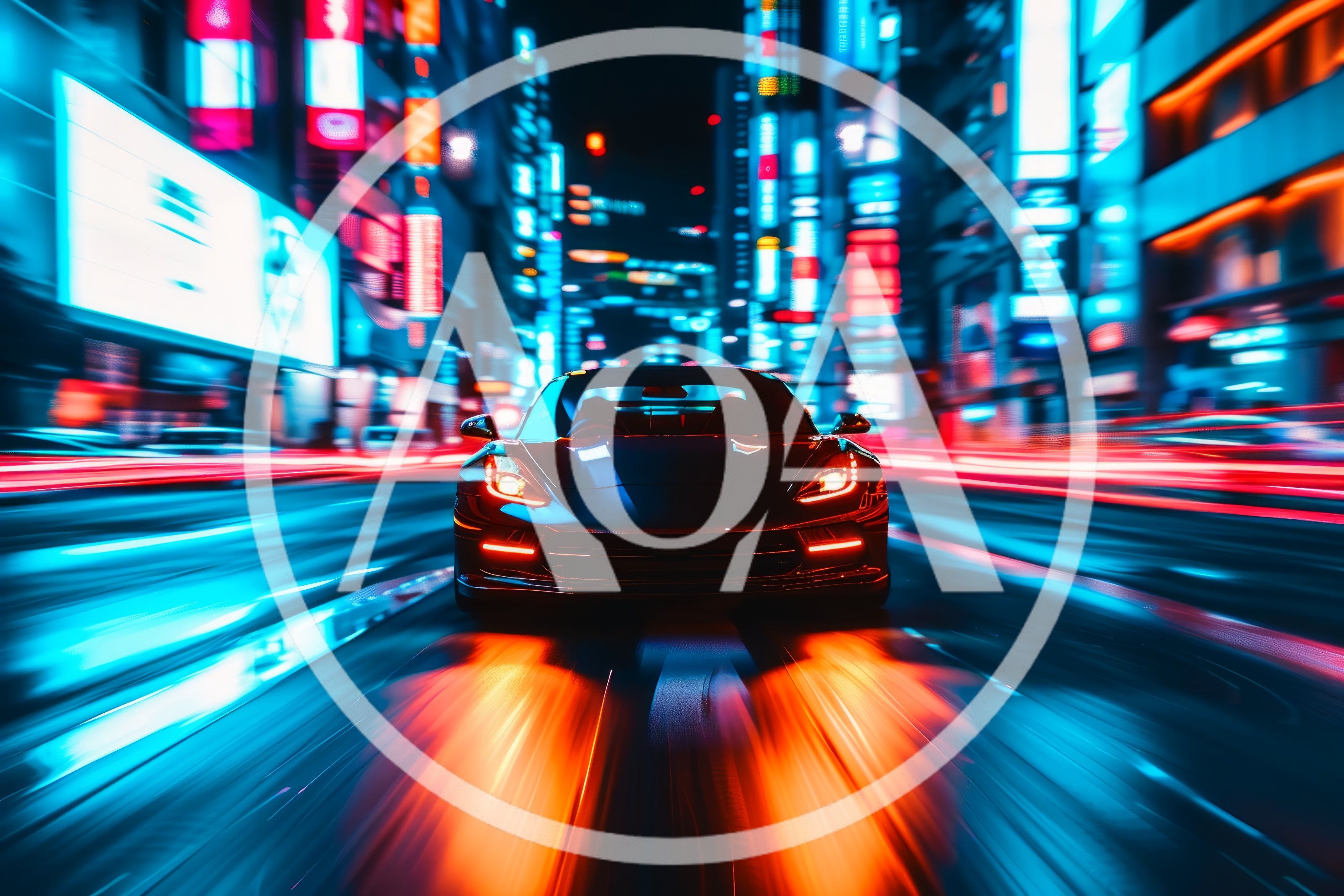 Sports Car Driving Through Neon Lit City Streets