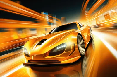 Golden Sports Car Speeding Through City Night