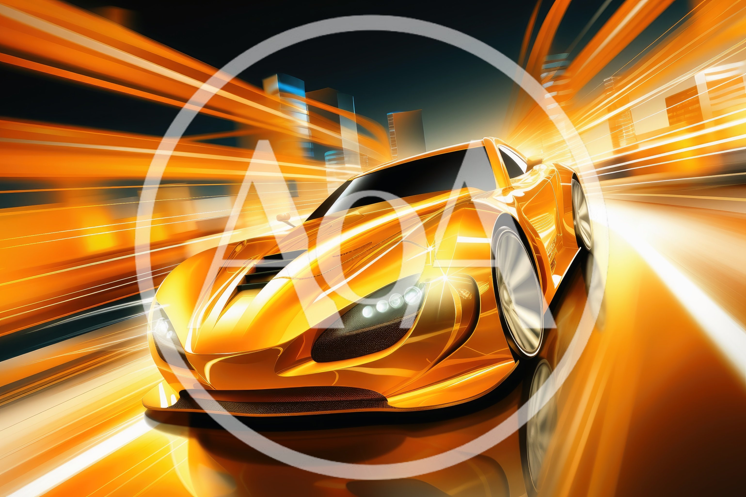 Golden Sports Car Speeding Through City Night