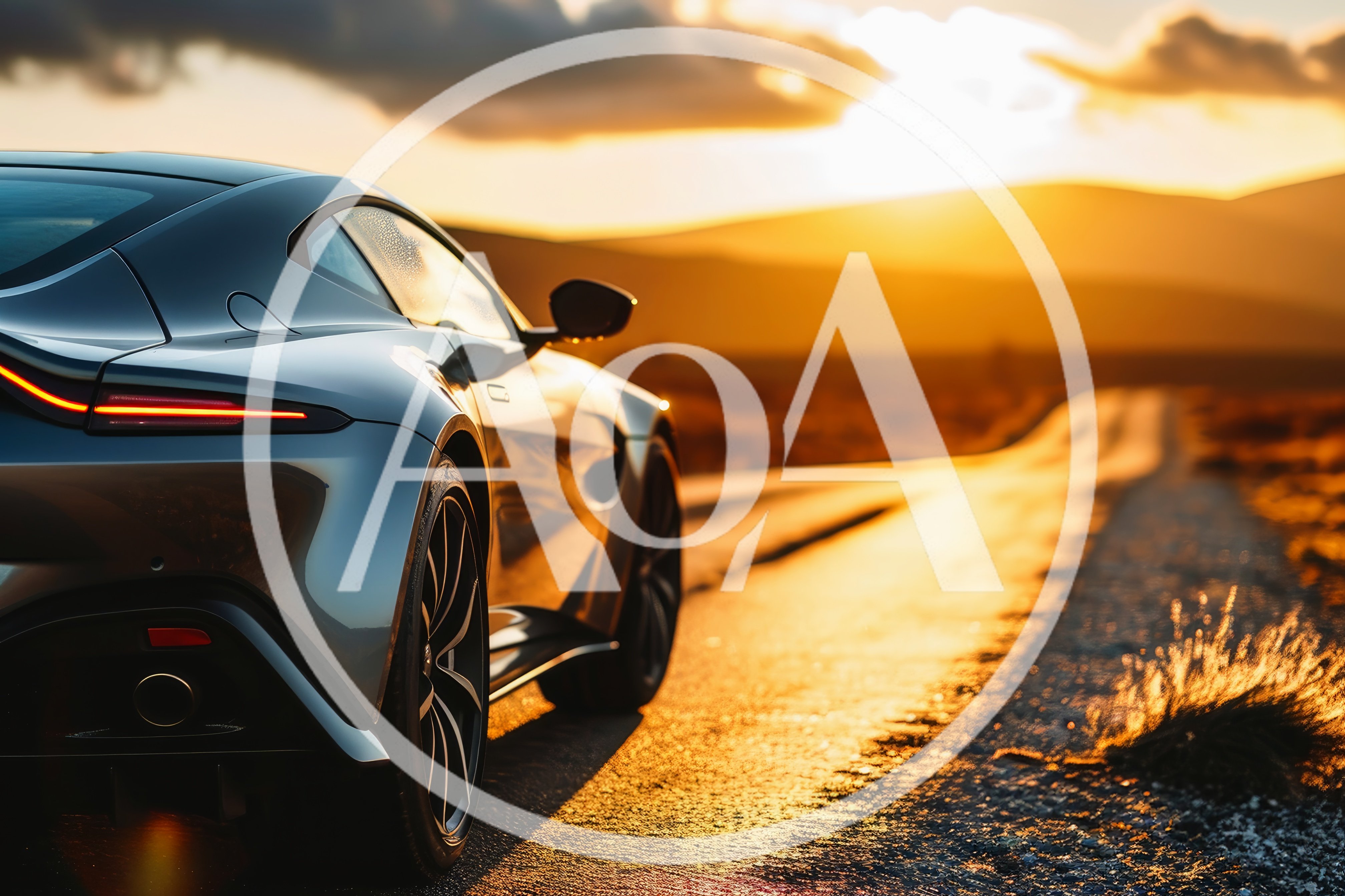 Luxury Sports Car Parked On Desert Road At Sunset