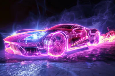Neon Wireframe Supercar Driving Through Abstract Light Trails