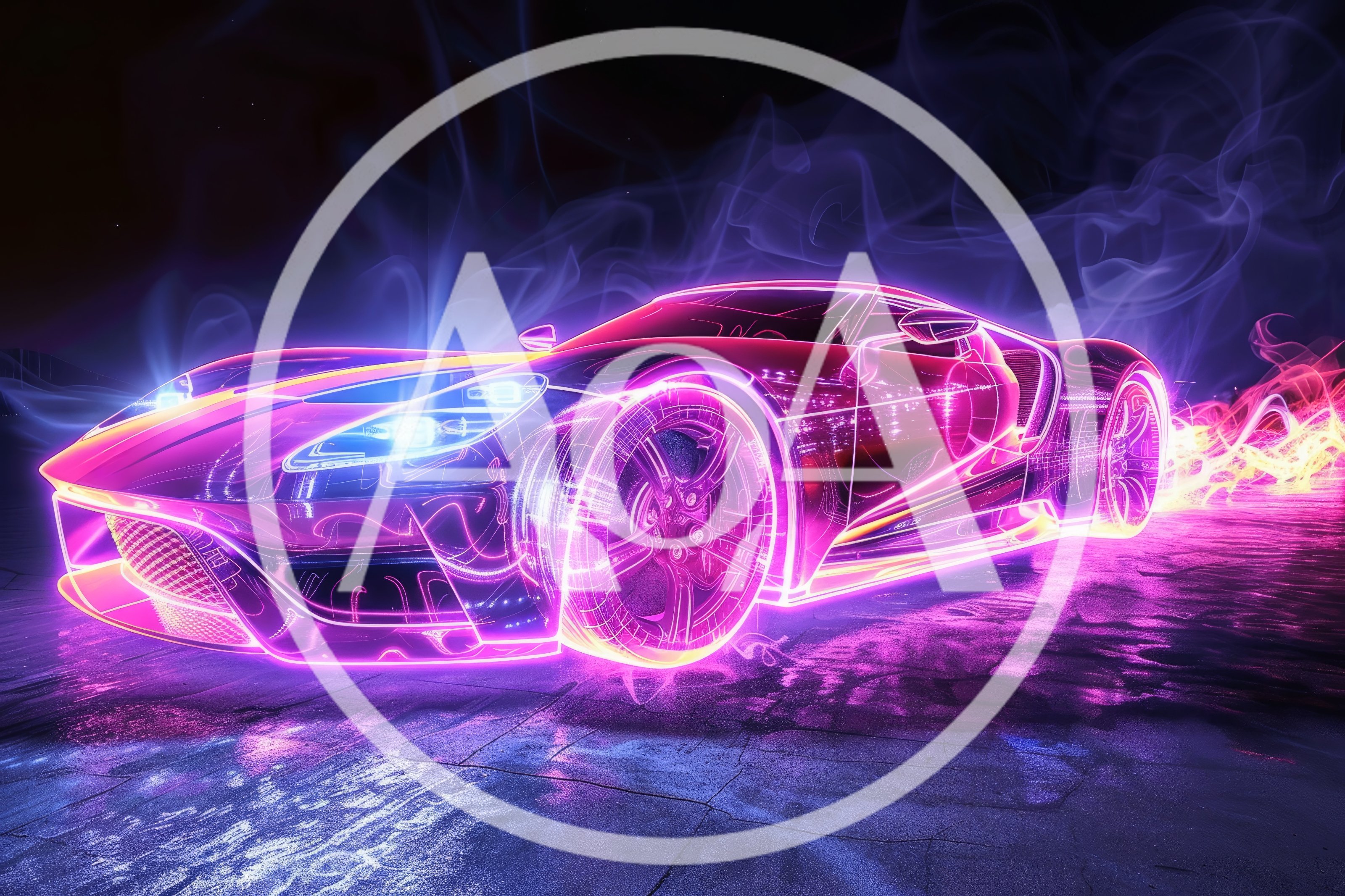 Neon Wireframe Supercar Driving Through Abstract Light Trails