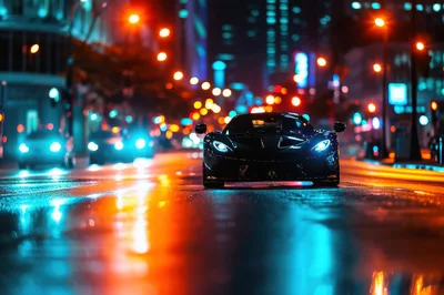 Black Supercar Driving Through A Neon City Street