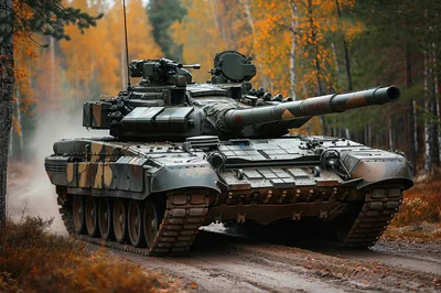 Main Battle Tank Moving Through Autumn Forest
