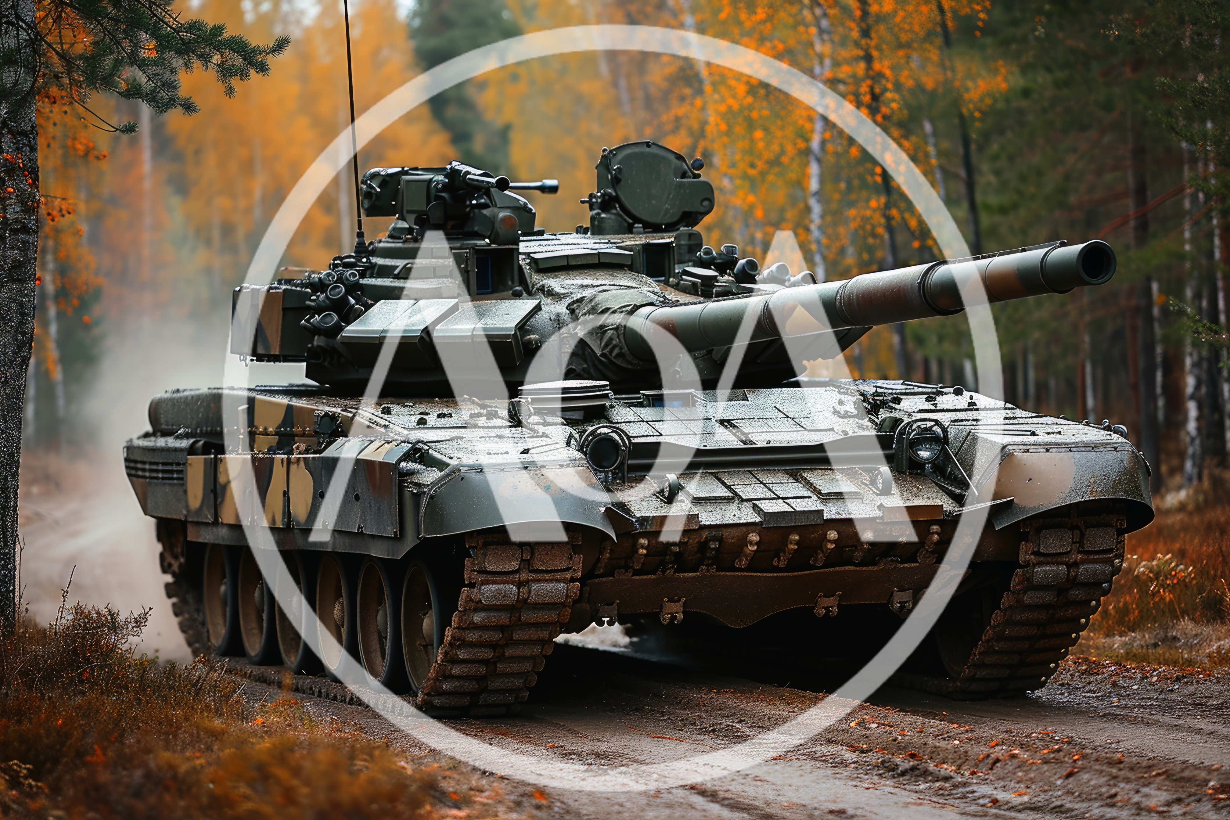 Main Battle Tank Moving Through Autumn Forest