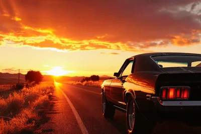 Classic Muscle Car Driving Down A Desert Highway At Sunset