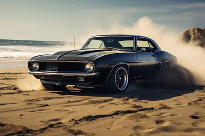 Black Muscle Car Drifting On Sandy Beach