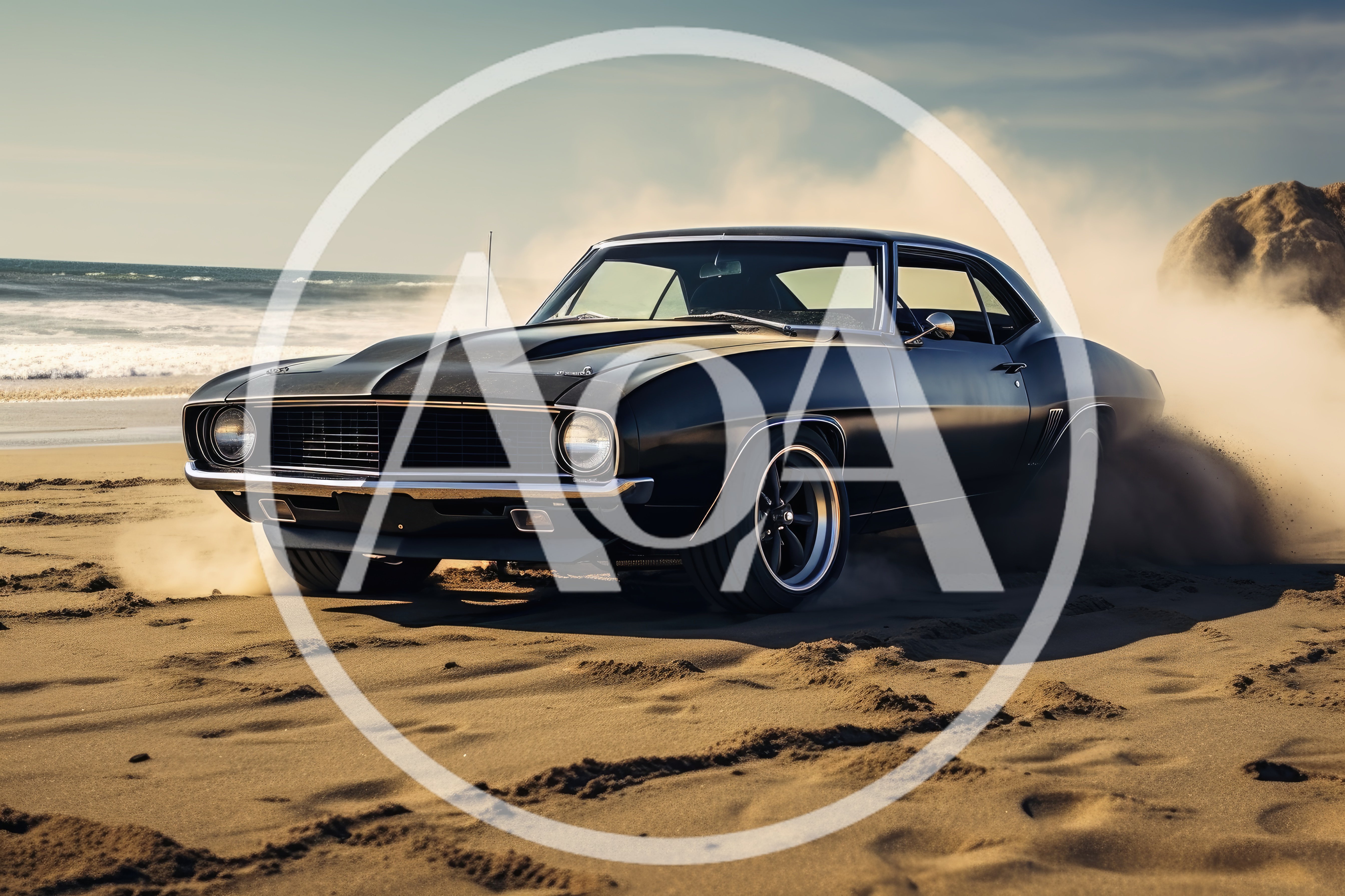 Black Muscle Car Drifting On Sandy Beach