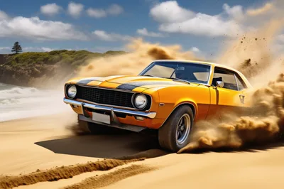 Yellow Muscle Car Drifting on Sandy Beach