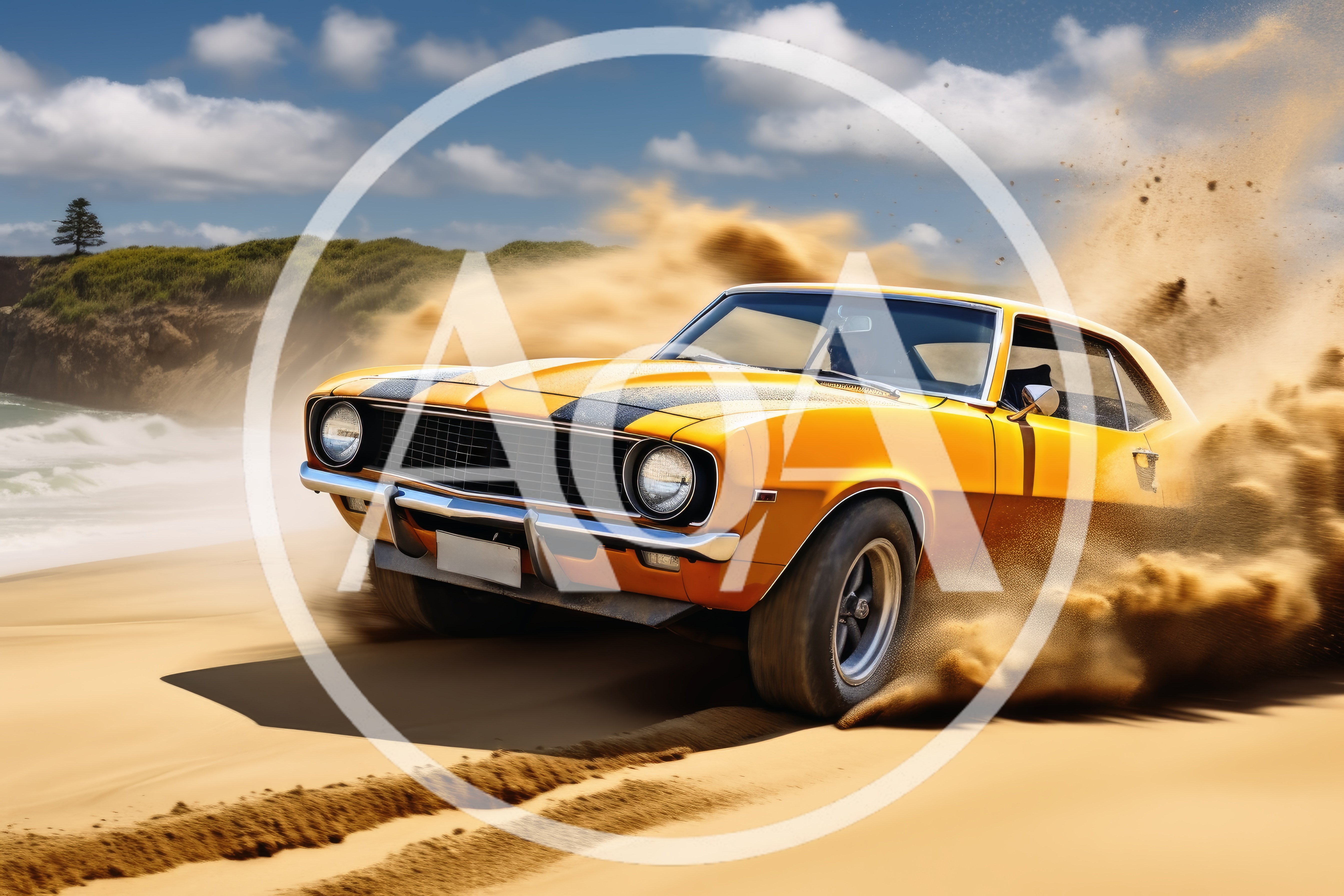 Yellow Muscle Car Drifting on Sandy Beach
