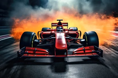 Red Formula One Race Car On Track With Smoke