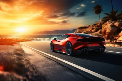 Red Sports Car Driving Along Coastal Road At Sunset