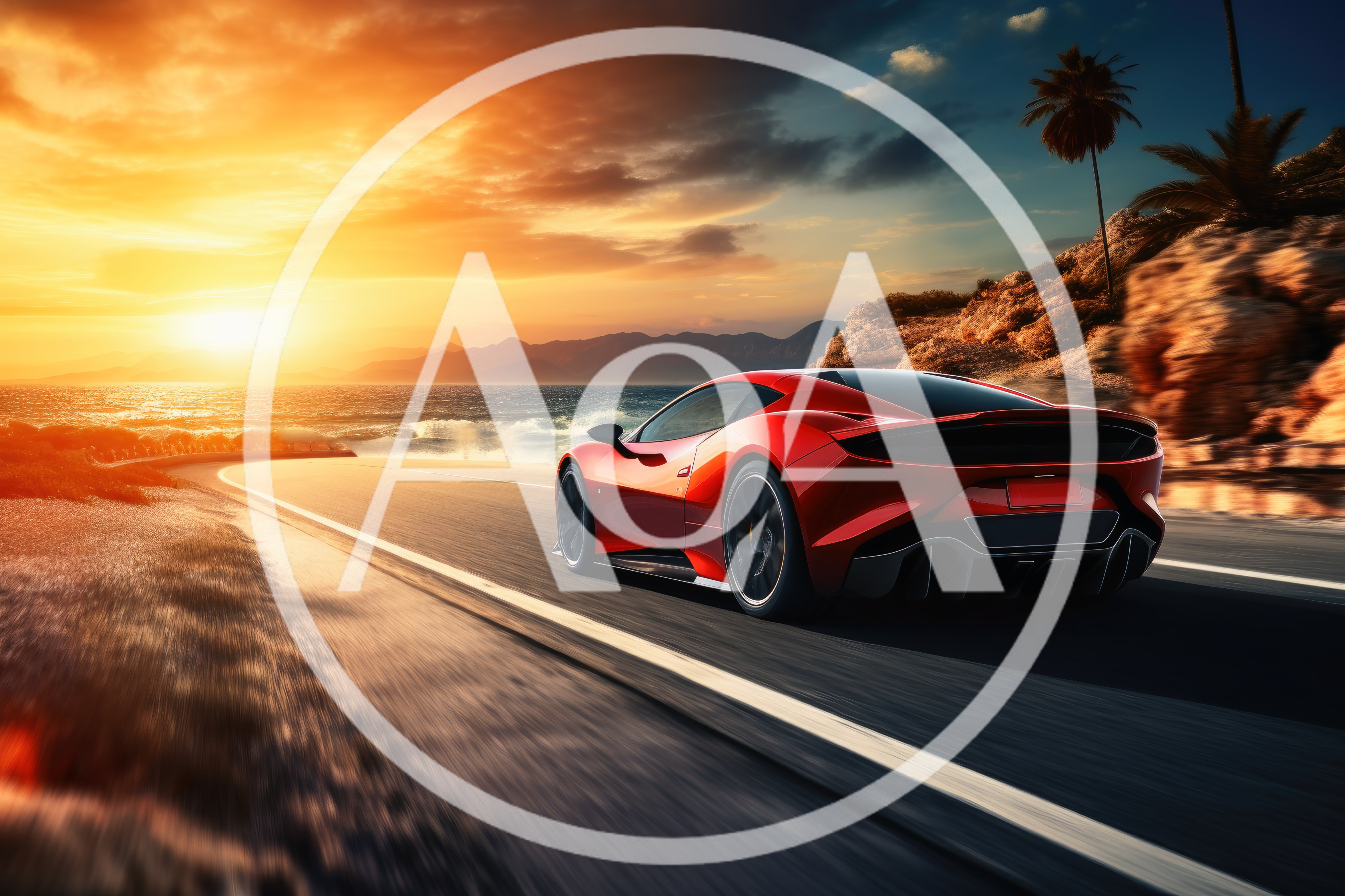 Red Sports Car Driving Along Coastal Road At Sunset
