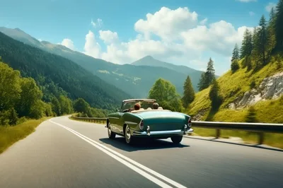 Vintage Convertible Driving Along A Scenic Mountain Road