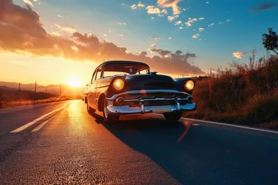 Classic Vintage Car Driving On A Scenic Road At Sunset