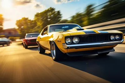 Yellow Muscle Car Racing On Highway