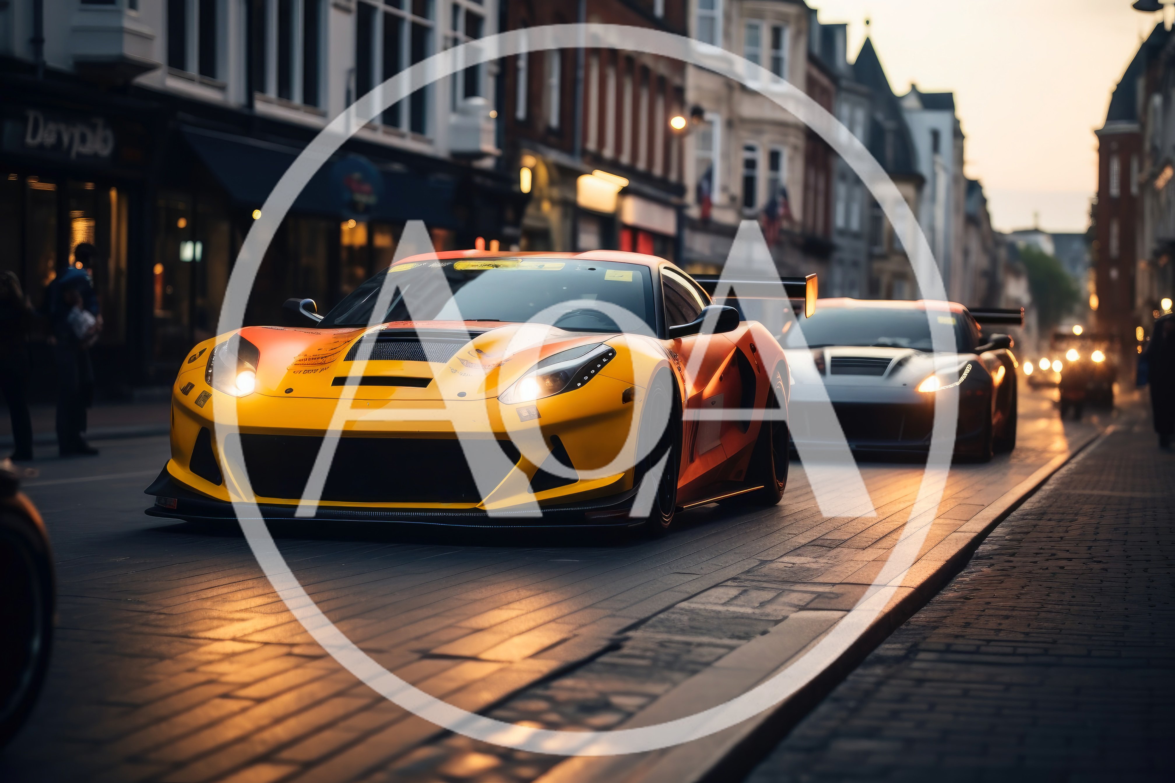 Two Sports Cars Driving Down A European City Street