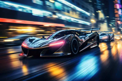 Futuristic Supercars Racing Through A Neon City Street